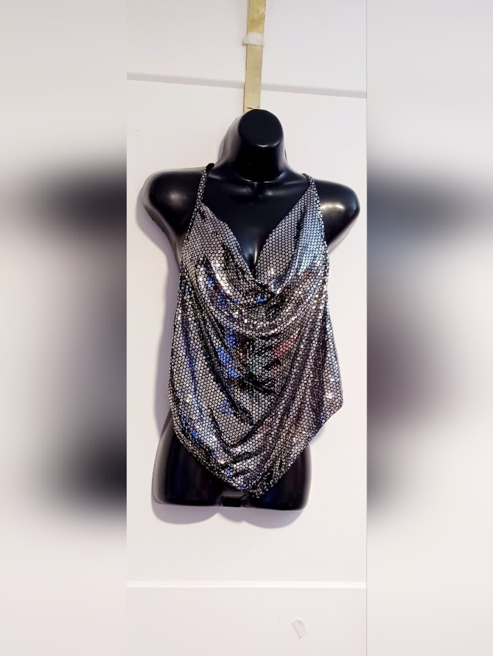 Sparkling Silver Sequin Cowl Neck Halter Top